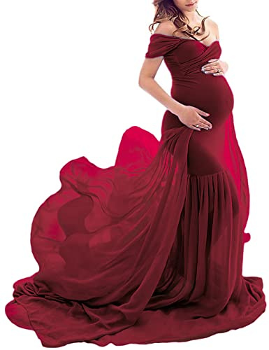 JustVH Maternity Off Shoulder Mermaid Chiffon Gown V Neck Maxi Photo Shoot Photography Dress for Baby Shower Photo Props