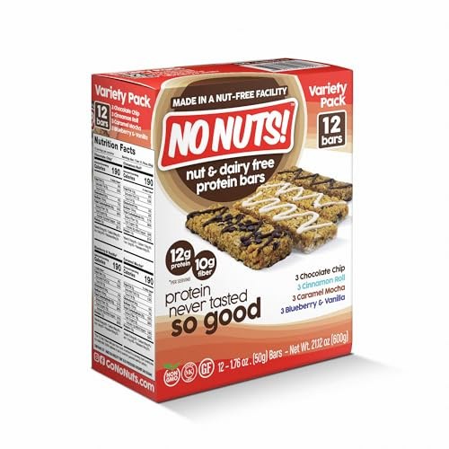 No Nuts! Protein Bar Variety Pack – 12 Count | Nut-Free & School-Safe | Chocolate Chip, Caramel Mocha, Cinnamon Roll & Blueberry Vanilla | Dairy-Free, Vegan, Non-GMO, Organic, Kosher