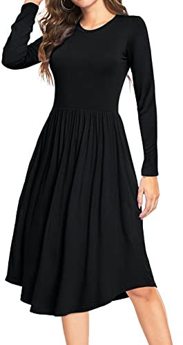 YUNDAI Women Summer Midi Dress Long Sleeve Ladies Dress Crew Neck Floral Plain Beach Party Dresses with Pocket