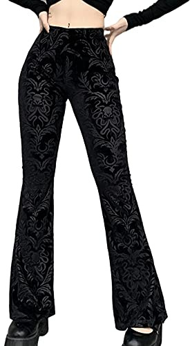 xxxiticat Women's Floral Printed Velvet Flare Pants High Waisted Casual Gothic Steampunk Bell Bottom Legging Trousers(BL,L) Black
