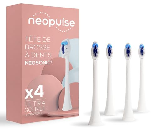 NEOPULSE® - Lot de 4 Recharges Têtes de Brosse Ultra-souples Blanches en Nylon pour Brosse à Dents Électrique Sonique NEOSONIC® - Compatible NEOKIDS - 3D : Brins courts et longs - Indicateur d'Usure
