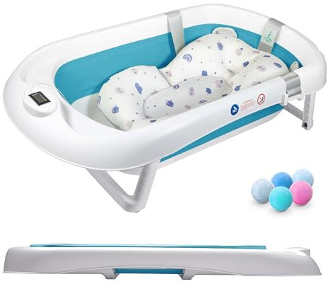 Bañera Plegable Bebé Con Cojín De Baño Antideslizante - bañera Bebe Plegable Con Termómetro - Asiento Bañera Bebe - Desde El Nacimiento Hasta Los 3 Años - Regalos De Nacimiento (AZUL)