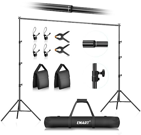EMART Fotovideostudio, 2,6 m x 3 m, justerbart bakgrundsstöd, systemkit med bärväska för fotografering, fotograferingsfest – svart