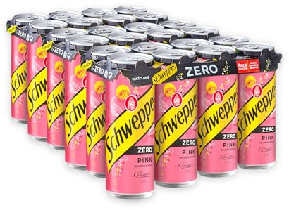 Schweppes Tónica Pink Zero con sabor a Grosella, Sin Azúcar ni Calorías - Lata, Pack 24 x 33 cl