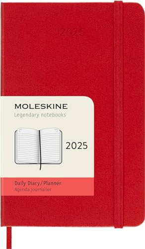 Moleskine Daily Planner, 12-Month 2025 Daily Agenda, Hard Cover and Elastic Closure, Scarlet Red Color, Pocket Format 9x14 cm