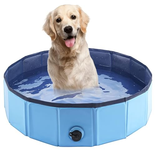 SHOKAN Piscina plegable para perros, 80 cm, azul, redonda, portátil y plegable, antideslizante, para perros y cachorros pequeños y medianos, capacidad de 100 litros