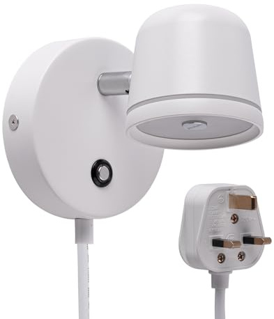 AISILAN 5W Indoor Plug in Wall Lights with Touch Switch for Bedrooms, White | 1.5 m Power Cord, Stepless Dimming, CRI 97, 130° Tilt and 340° Rotation, LED plug in wall sconce for Living Room and Bedside
