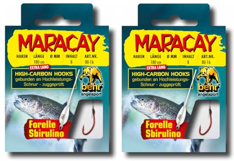 Set: 2 Packungen Behr gebundene Forellenhaken (16 Stück) Mono,extra lang Sbirolino 180cm Spirolino Hakengröße, 4, 6, 8 je nach Auswahl Sbirulino Haken + gratis Petri Heill! Aufkleber (Hakengröße 6)