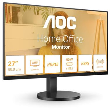 AOC U27B3CF - 27 INch UHD 4K Monitor, Fast VA, 4ms, HDR10, USB-C connectivity, Speakers, Height Adjust, LowBlue light, Adaptive Sync (3840 x 2160, 350 cd/m2, HDMI 2.0 / USB-C 3.2 65W Power Delivery)
