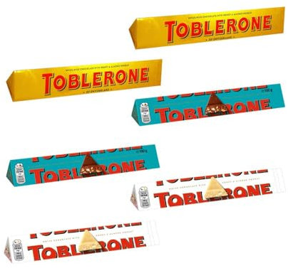Toblerone 6er MIX - 6x 100g - Milk Chocolate, White Chocolate & Crunchy Almond