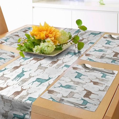 ABAKUHAUS Hirsch Tischläufer & 4 Stück Tischsets, Alt Text Tiere Weihnachten, Set für die Tischdekoration, 40 cm x 180 cm, Türkis Beige Braun