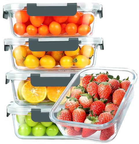 KOMUEE 30 oz 5 Pack Glass Meal Prep Containers, Glass Storage Containers with Lids - Dishwahser, Microwave, Oven and Freezer Safe
