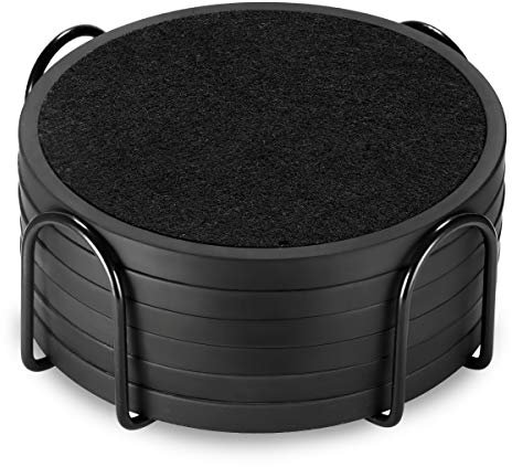 Silikon-Untersetzer Set 6 Stück - rutschfeste Getränkeuntersetzer mit 6 Saugfähigen Filzeinsätzen (Schwarz) + Schwarzem Metallhalter, Spülmaschinenfest, 4,3 Zoll Rund