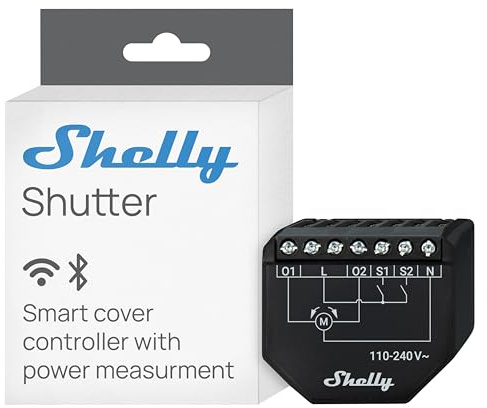 Shelly Shutter - Trådlös rullgardinsmodul med Strömmätare, 110–240 V, 4A – Fjärrstyrning via app, Kompatibel med Alexa, Google Home och SmartThings, Schemaläggning och timerfunktion