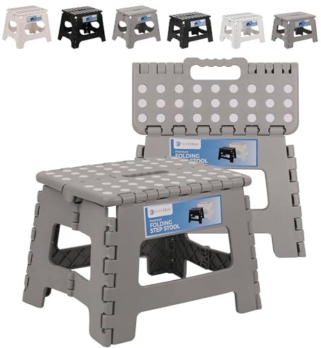 WedDecor Folding Step Stool 330lbs for Kids & Adults, 9 Inch - Light Grey | Heavy-Duty Non-Slip Plastic Stool With Carry Handle, Holds 150kg For Kitchen, Bathroom, Camping, Outdoor Use