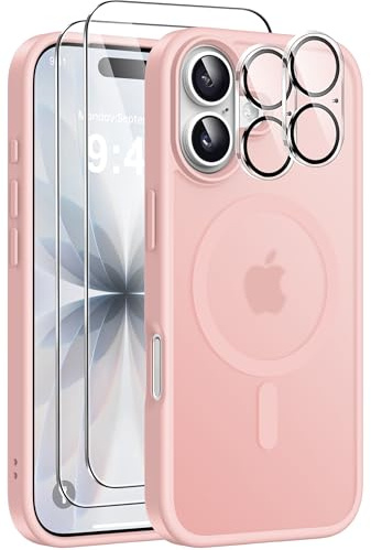 ivencase 5 in 1 Magnétique Coque pour iPhone 17 avec 2 Verres Trempés et 2 Caméra Protecteur, Compatible MagSafe Dos Anti Rayures Étui Antichoc TPU Bumper Housse pour iPhone 17 6,3 - Rose