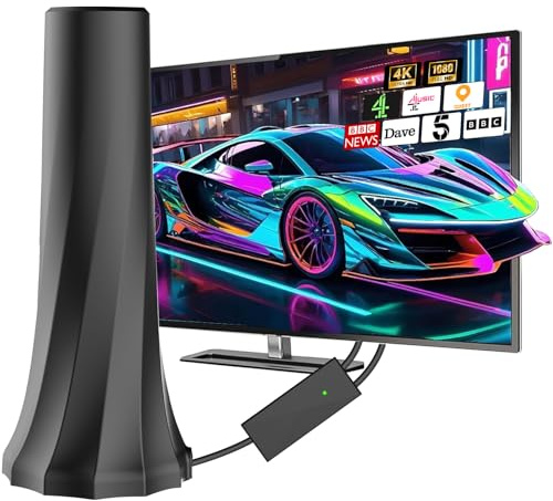 Indoor TV Aerial, Smart TV ariels indoor with 560+ Miles Range Smart aerials with Amplifier Signal Booster, Supports 4K 1080P HD Local Channels with 18ft Aerial Cable（Black）