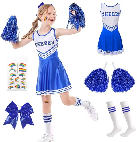 Déguisement Pom Pom Girl Fille Bleu, Costume Pompom Girl Enfant avec Robe, Pompons, Chaussettes, Nœud, Épingle à Cheveux et Autocollants, Deguisement Cheerleader Fille pour Carnaval (140)