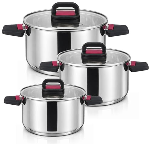 Homsmyth Stainless Steel Stock Pot with Lid | Casserole Pot Set 18cm, 22cm & 26cm Cookware Set | Induction Hob Pot Foldable Cool-Touch Handles | Stackable Cooking Pot | All Types of Hobs Compatible