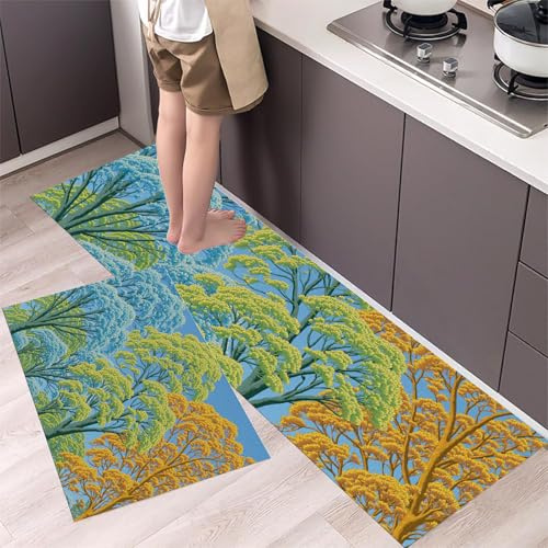 GDJSMIN 2-Piece Kitchen Rugs,Forest Linoleum Prints Non-Slip & Washable Floor Mats, Water-Absorbent Area Pad,Tall Trees in Autumn Standing Desk Mat for Office, Home, Doorway, 20X 32+20X 71,Blue