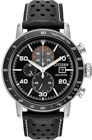 Citizen Men's Eco-Drive Weekender Brycen Chronograph Watch in Stainless Steel, Black Leather Strap, Black Dial (Model: CA0649-14E)