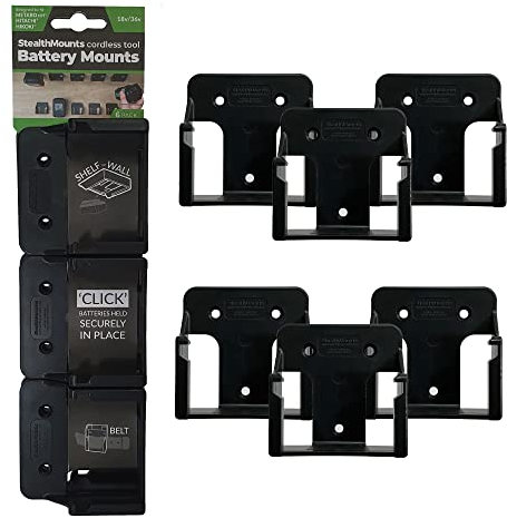StealthMounts Black Battery Mounts Hikoki/Metabo HTP/Hitachi 18v | Cordless Battery Holders for Power Tools | 6 Pack | Battery Clip Organisers Hikoki/Metabo HTP/Hitachi 18v
