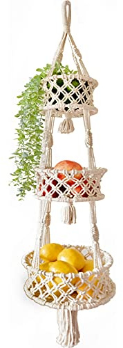SnugLife Macrame 3 Tier Hanging Basket - Space Saving Hanging Fruit Basket for Kitchen or Decorative Boho Decor Hanging Plant Holder - Use for Produce Baskets, Indoor Planter Hangers, 42 Inches Beige