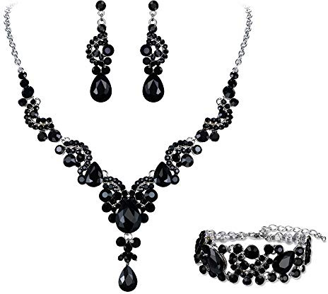 Ever Faith smyckesset i kristall, för bröllop och brud, art deco, blommig, tårdroppe, set med halsband, örhängen och armband, Strass