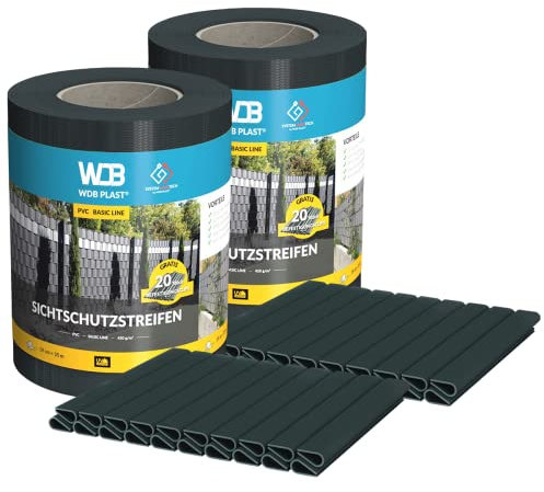 WDB - Sichtschutzstreifen für Doppelstabmatten Sichtschutz Zaun - Set 4X 35 m x 19 cm + 80 Stück Befestigungsclips - PVC Windschutz Basic Line - 450 g/m2 - Anthrazit - RAL 7016