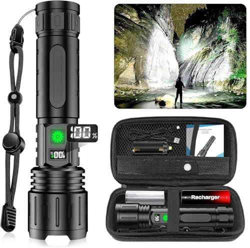 Karrong Taschenlampe LED Aufladbar Extrem Hell, Großer Reichweite Taschenlampe, Lange Laufzeit, Zoombar, Wasserdicht Starke Taktische Flashlight für Camping Wandern Outdoor Notfäll