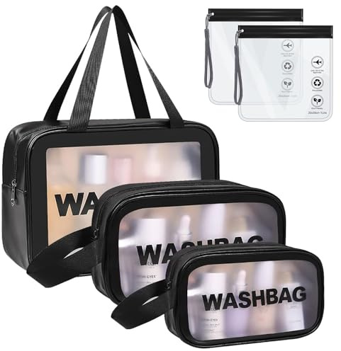 WUBAYI 5Pcs Clear Toiletry Bag, Waterproof PU Makeup Bag with Zipper Handle, Portable Airport Cosmetic Bag for Women & Men, Travel Accessories Wash Bag for Travelling & Holiday (Black)
