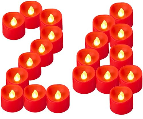 Yakpo Confezione da 24 lumini votivi a LED rossi, funzionamento a batteria, senza fiamma, tremolanti, candele votive elettriche, piccole candele finte per Natale, Halloween, matrimoni, decorazioni