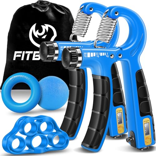 FitBeast Hand Grip Strengthener Workout Kit (5 Pack), 2 Forearm Grip Adjustable Resistance Hand Gripper, Finger Stretcher, Grip Ring & Stress Relief Grip Ball for Athletes (Sky Blue)