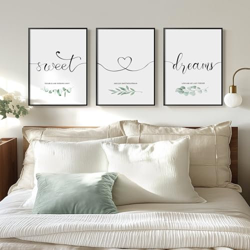 Cuspin Framed Canvas Wall Art For Bedroom Decor, 3 Piece Sweet Dreams Signs Wall Art, Modern Minimalist Bedroom Pictures for Master Guest Room Wall Decor Above Bed