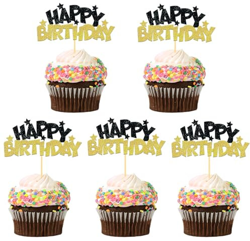 24 Pezzi Decorazione per Torta Buon Compleanno, Happy Birthday Topper Torta, Cupcake Topper Decorazione di Compleanno Festa (Nero e Oro)