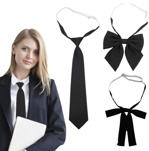 Fiocco e Cravatta da Donna in 3 Pezzi, Cravatta Uniforme JK Regolabile - Laurea, Affari, Matrimonio - Nero