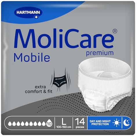 MoliCare premium Mobile 10 Tropfen Größe L, Inkontinenzhosen für Frauen und Männer mit schwerster Inkontinenz, extra Auslaufschutz, fortschrittlicher Hautschutz, verbesserte Passform, 14 Stück