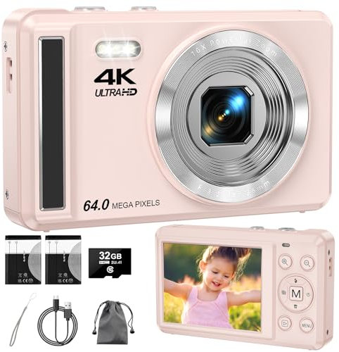 4K 64MP Digitalkamera Kompakte Digitalkamera mit 32GB SD-Karte für Fotografie, Autofokus Tragbare Mini Kamera für Jungen, Mädchen, Kinder, Anfänger, Teenager mit 16X Digitalzoom und 2 Batterien