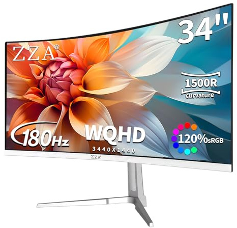 ZZA 34'' Gaming Monitor-165Hz/180Hz WQHD (3440x1440P) Ultrawide 34 White Curved Monitor,FreeSync for Tear-Free Gaming,100% sRGB, HDMI 2.1 & DP 1.4,PBP Mode,Wall Mountable