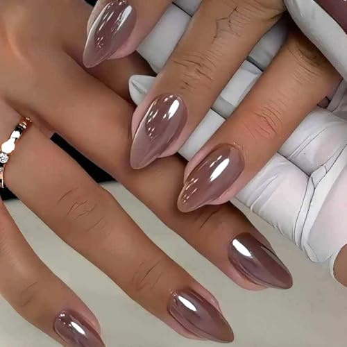 Ceboic 24 Pièces Marron Café Press on Nails, Français Courts Amande Faux Ongles Autocollants, Couleur Unie Couverture Complète Ongles Acrylique, Réutilisables Ongles à Coller pour Femmes Filles