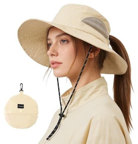AYPOW Sombrero de Sol Mujer UV Protección Sombrero de Pescador Verano Apto para Coleta, Gorras de Pesca ala Ancha de Secado Rápido Bucket Hat para Senderismo Trekking Viajes Playa