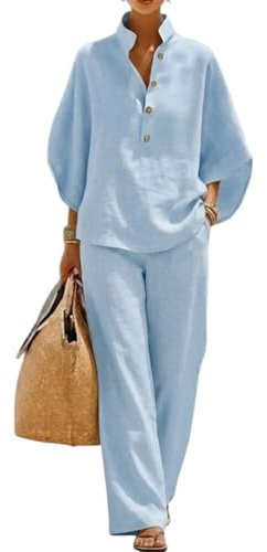 shownicer Completo Donna Lino Tuta Elegante Estiva 2 Pezzi Set Maniche a Tre Quarti Top E Pantaloni Curvy Completo in Lino Due Pezzi Set Completi Tute A Azzurro XL