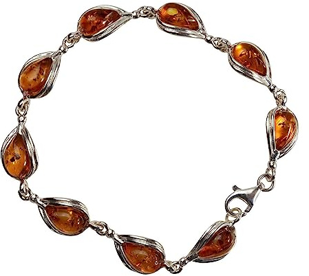 HolidayGiftShops Sterling Silver and Baltic Honey Pear-Shaped Amber Bracelet, Genuine Baltic Amber Bracelet for Women, Amber Jewelry for Women, Amber Bracelets for Adults, Sterling Silver Collection