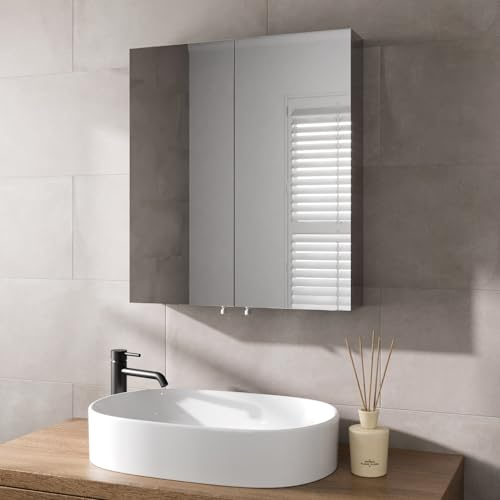 Artis® 600 x 670mm Bathroom Mirror Cabinet Storage Wall Mounted Furniture Cupboard Fully Assembled Shelving Unit Double Mirrored Door, Slimline Stainless Steel