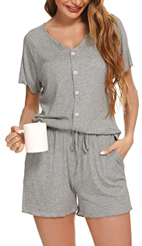 Vlazom dampyjamas-set, U-ringad pyjamas, sommar, hemmadräkt för kvinnor, kortärmad sovskjorta med knappar, S