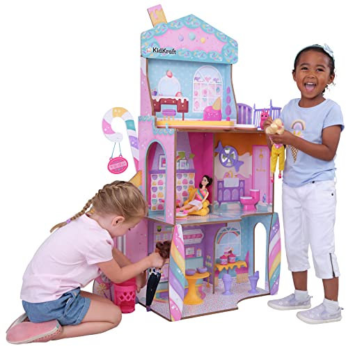 KidKraft Casa de Muñecas de Madera Castillo de Caramelo con Muebles y Accesorios, Casita con Figura de Lama Unicornio, para muñecas de 30 cm, Juguetes niños y niñas 3+ años (20242)