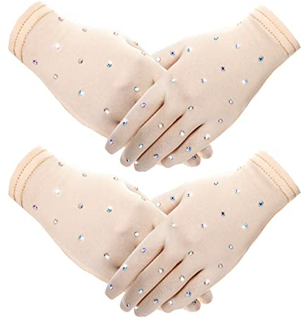 Hungdao 2 Pairs Figure Skating Gloves with Rhinestone Decoration Ice Skating Gloves for Women Girls Winter Skate Competition Accessories Test Show Practice Performance Dance, Medium Size