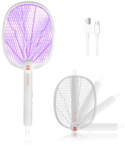 mizikuu Elektrische Fliegenklatsche, 3 in 1 3000V USB Elektrische Moskito Fliegenfänger, 180° Grad Drehung Elektrische Fliegenfänger Insektenvernichter für Mücken, Fliegen, Bienen, Motten