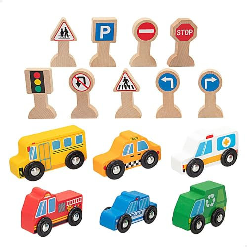 WOOMAX - Set 6 vehículos y 9 señales de tráfico, Juego simbólico, Juguetes de Madera FSC, Coches Juguete, Servicio Ciudadano para niños y niñas, Recomendado a Partir de 18 Meses (47214)
