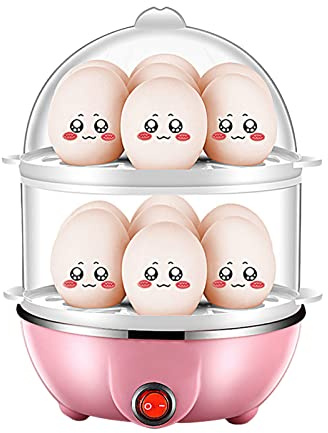 YUHOME Double Layer Egg Cooker 14 Egg Capacity Hard Boiled Egg Cooker Anti-dry Electric Egg Boiler with 40mL Measuring Cup Steam Vegetables, Pink